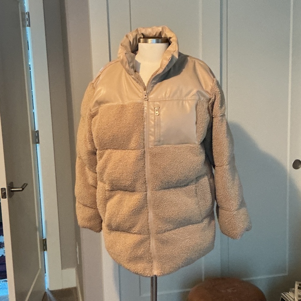 If By Sea Tan Puffer Jacket with Faux Leather & Shearling. Sz Med.